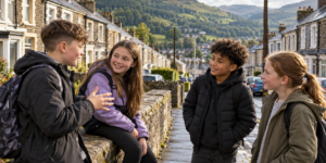 An AI generated image of children talking a in a Welsh village